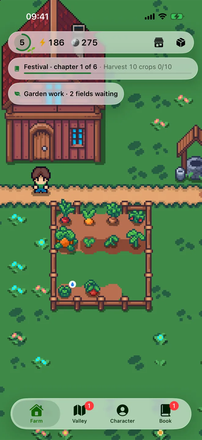The Wanderhof farm: the farmer stands on the road in front of the farmhouse, next to a fenced field of radishes, carrots, pumpkins and cabbage. At the top: energy, gold and the bar for chapter 1 of Rosa's festival.