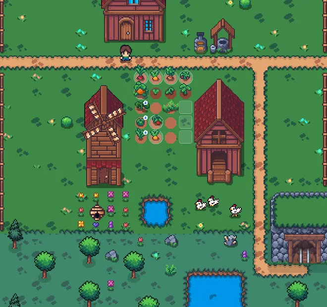 Part of the farm map: the farmhouse, the field, a windmill, a barn, chickens, a beehive, a pond, the woods, the lake and the entrance to the old mine.